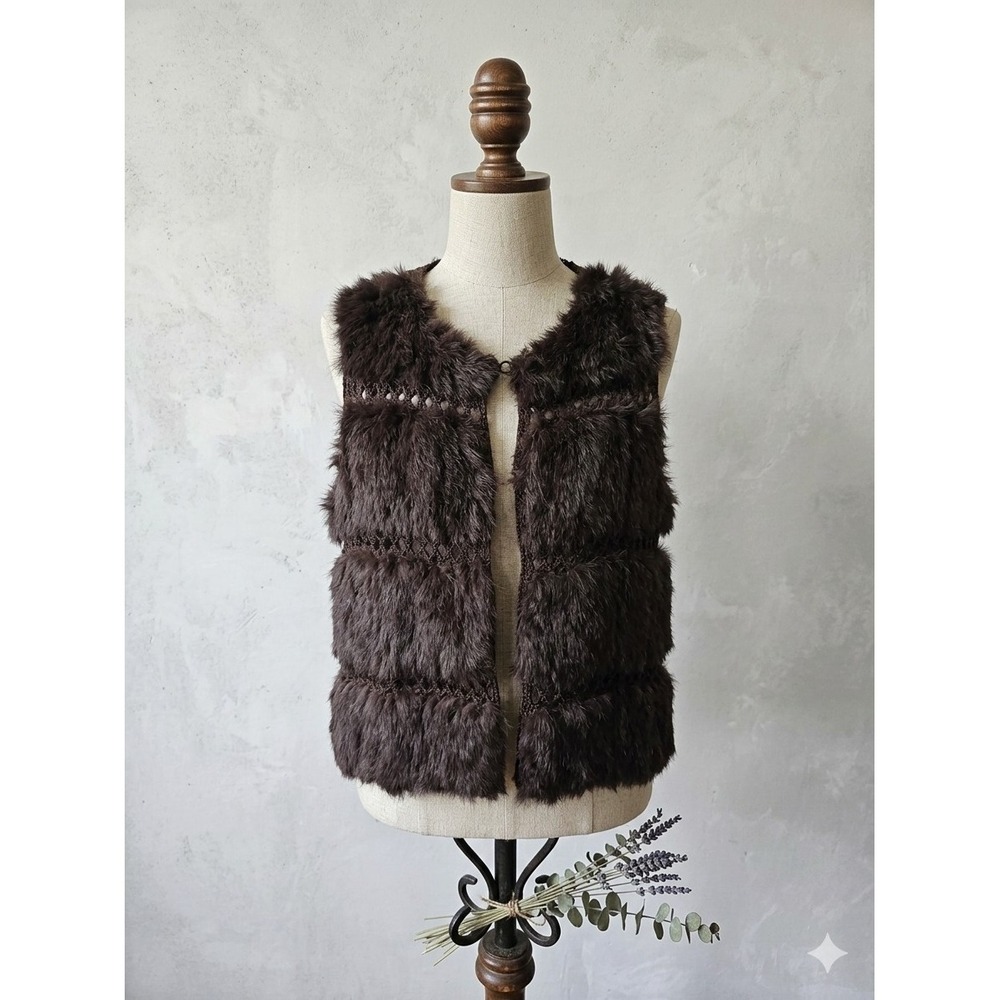 Katherine Barclay Rabbit Fur Vest Brown Crochet Trim Boho‎ Whimsigoth M Mob wife